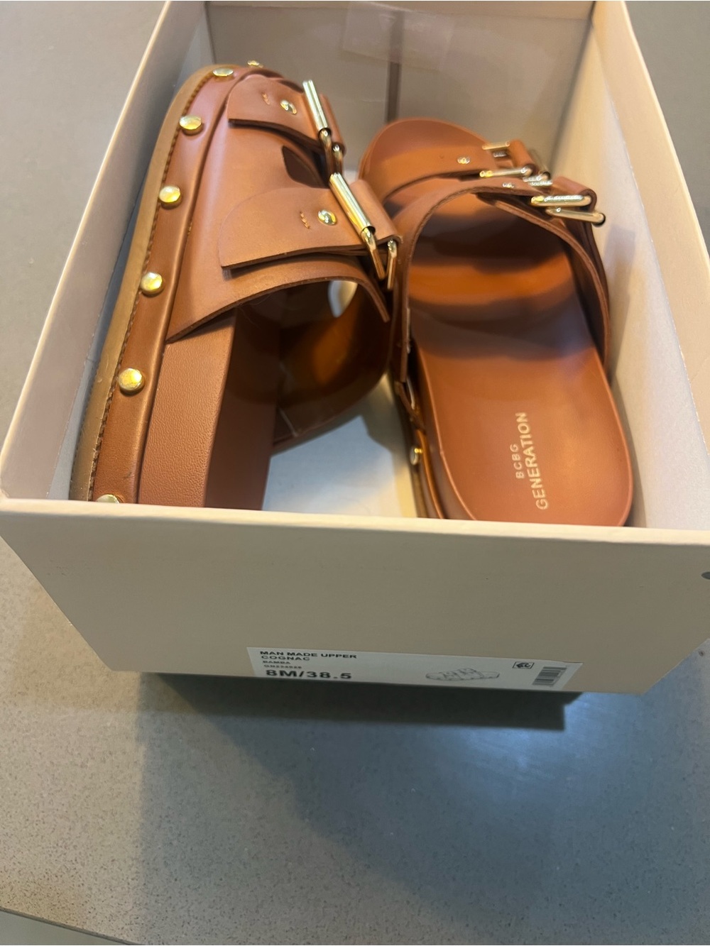 BCBGeneration Brown Double Buckle Slide Sandals with Gold Hardware - Picture 5 of 6
